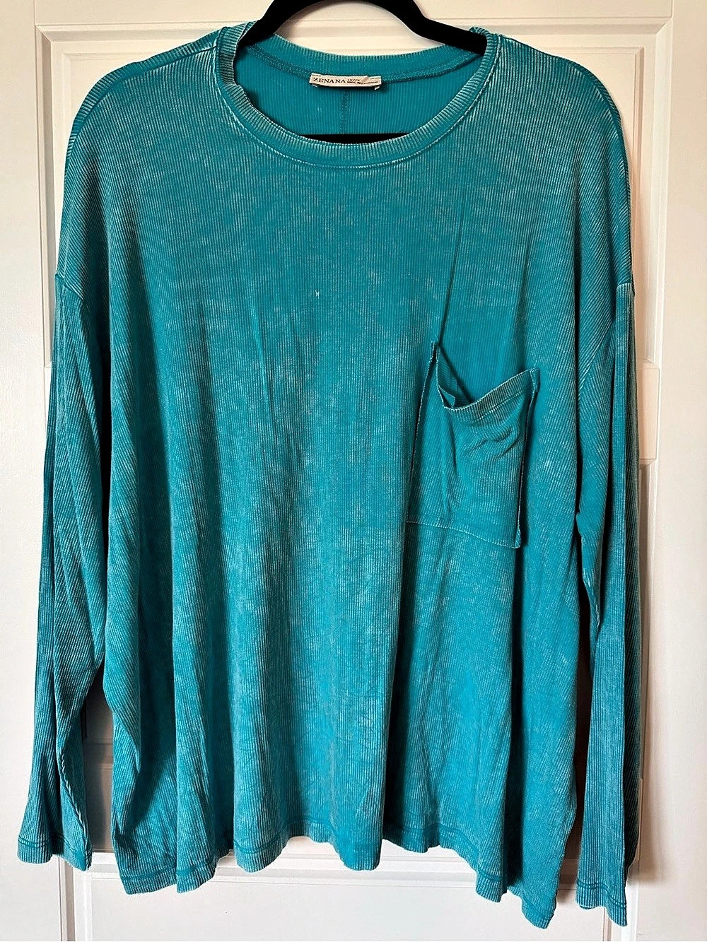 Zenana Long Sleeve Pocket Top in Teal